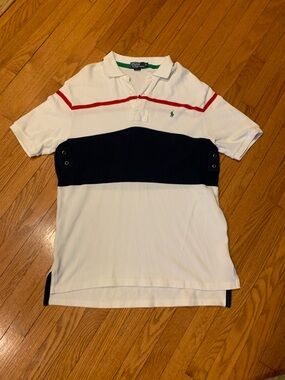 Vintage Polo Ralph Lauren Shirt White Blue Striped Polo Vented Golf Rugby Collar